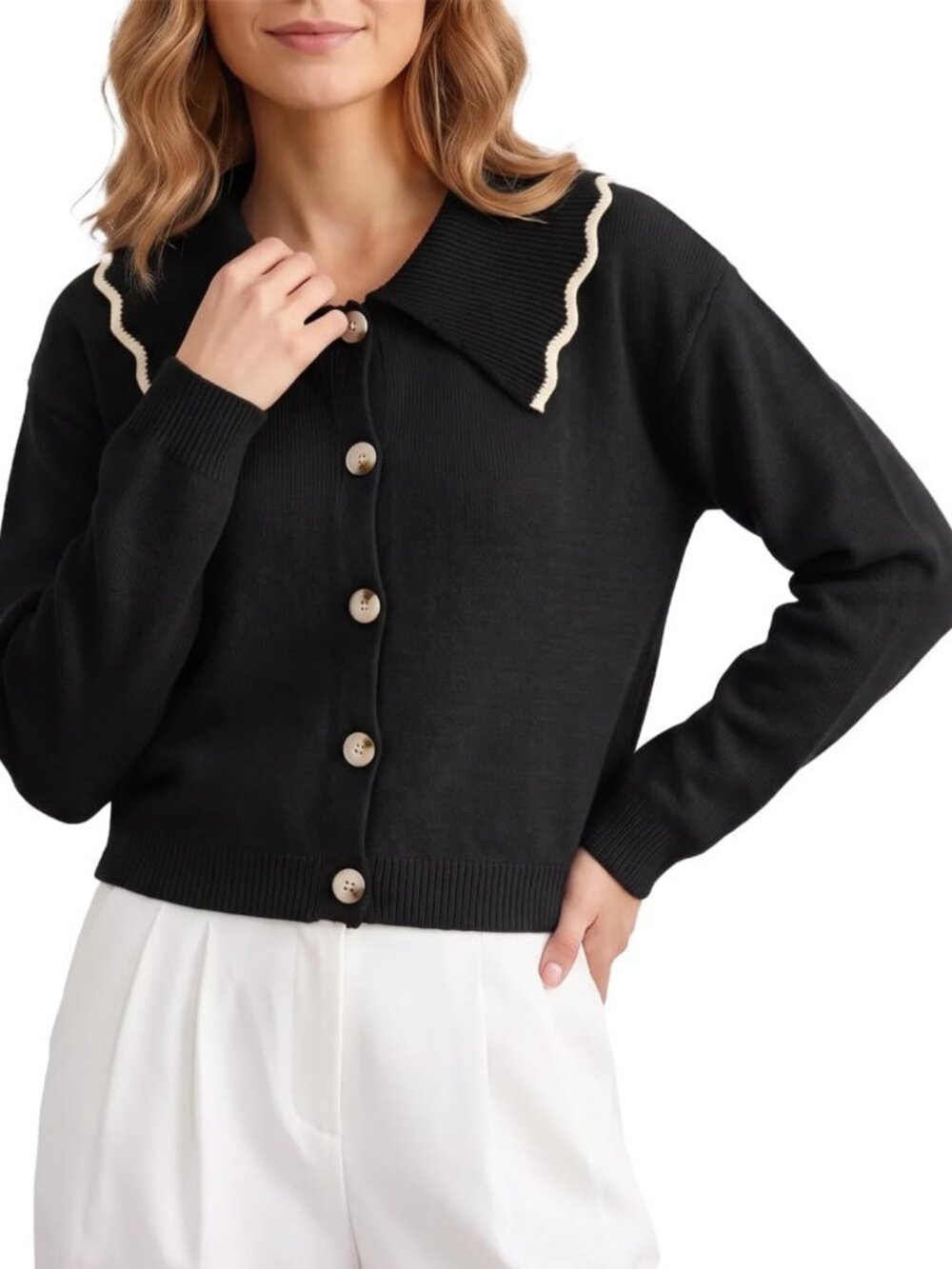 Stylish Button-Up Wide Peter Pan Collar Cardigan Sweater for Women - Chic